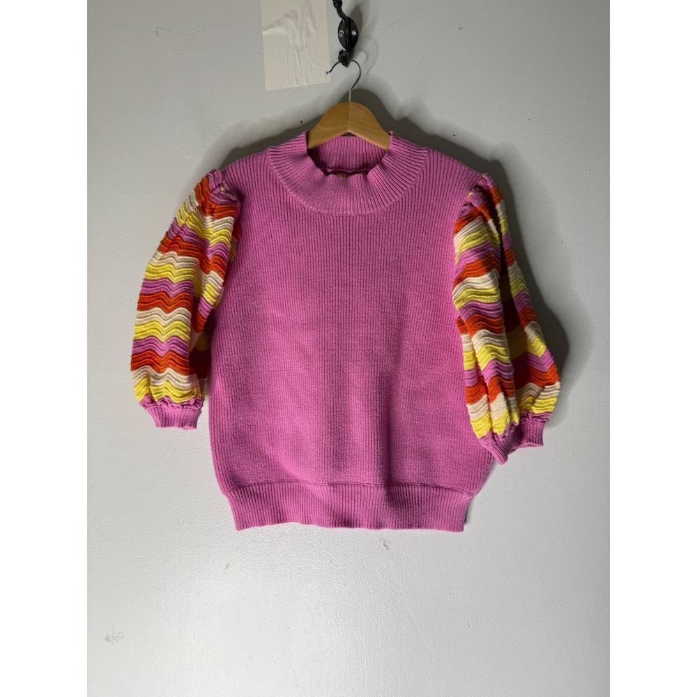 THML Pink Ribbed Knit Sweater Multi Chevron Puff Sleeve Mock Neck M